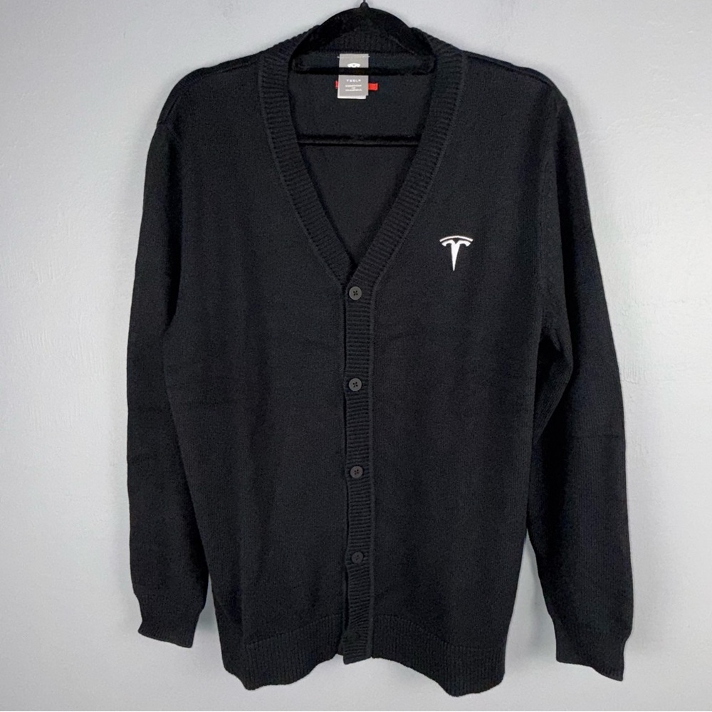 Tesla Cardigan Sweater Mens Medium‎ Black Button Up Knit Logo Grandpacore
